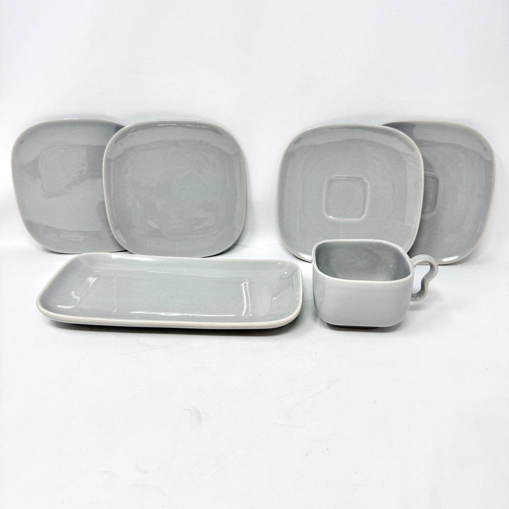 Franciscan Tiempo Gray 6 Pc Set Cup Saucers Bread Plates Relish Gravy Underplate